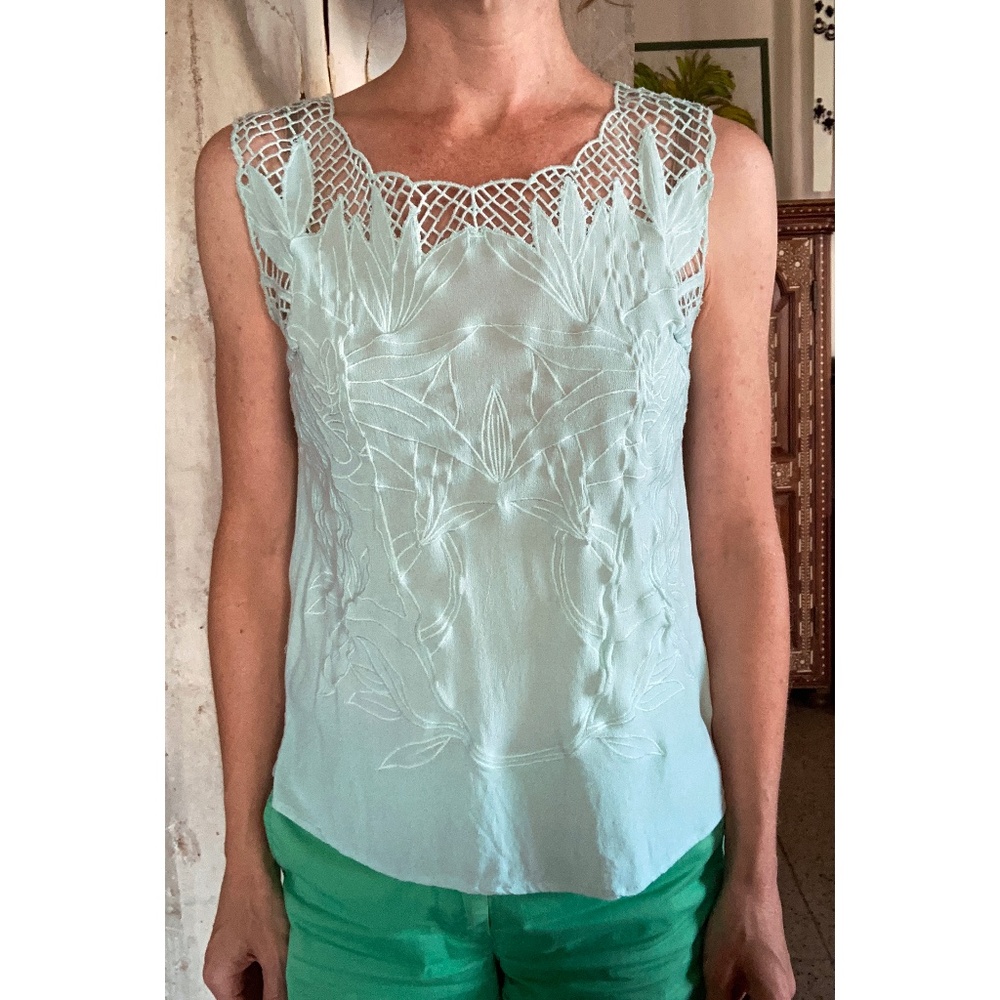 Seafoam Blue XS Lace Embroidered Cut-Out Top